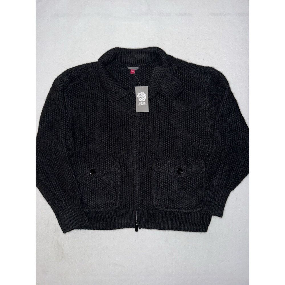 Vince Camuto Full Zip Knit Black Bomber Jacket Collared Trucker Women's L NEW